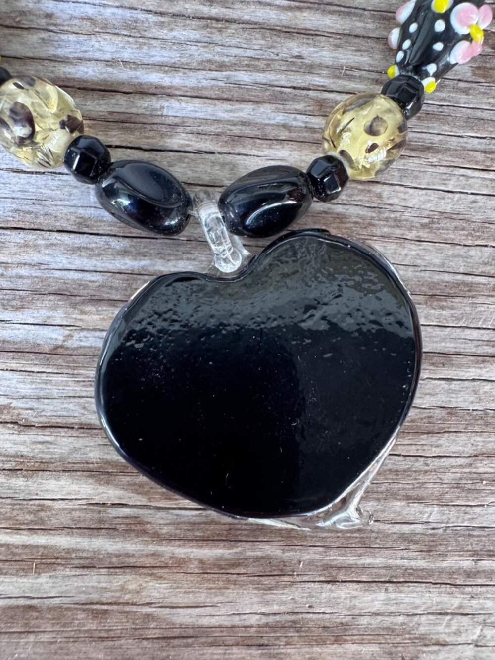 Artisan Dichroic Glass Heart Necklace Lampwork Beads Floral Black 18"-20" - Picture 7 of 9